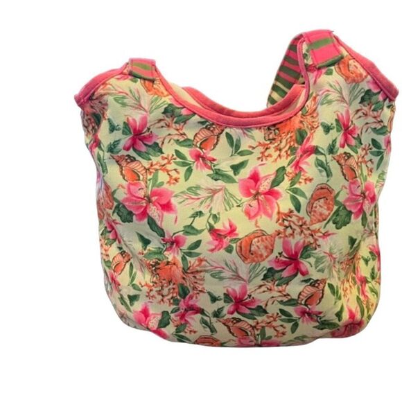 Caribbean Joe Coral Floral Hobo Bag with Striped Handles - Picture 3 of 15